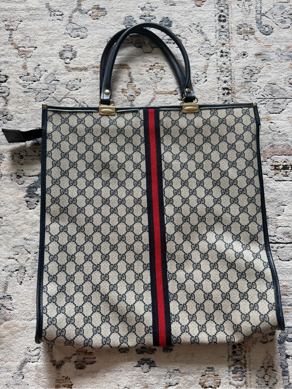 Vintage Gucci GG Monogram Tote with Red and Blue Stripe